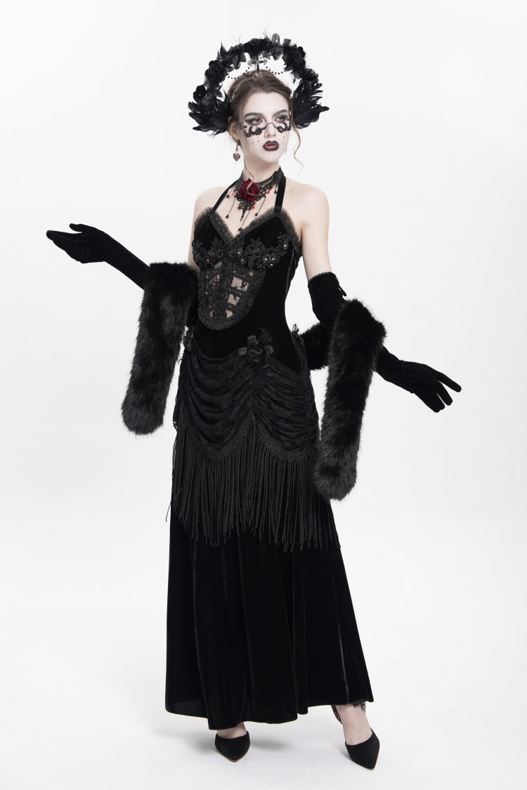 Black Sleeveless Hollow Floral Embroidery Lace-Up Pleated Women's Gothic Maxi Dress - Product - 9