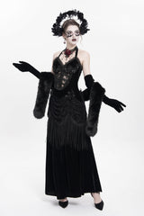 Black Sleeveless Hollow Floral Embroidery Lace-Up Pleated Women's Gothic Maxi Dress - Product - 9