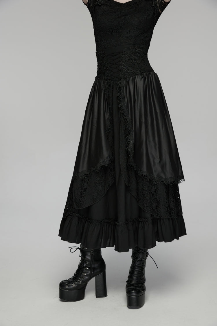 Black High Waisted Multi-Layered Floral Embroidered Lace Pleated Women's Gothic Elegant Cosplay Skirt - Product - 6