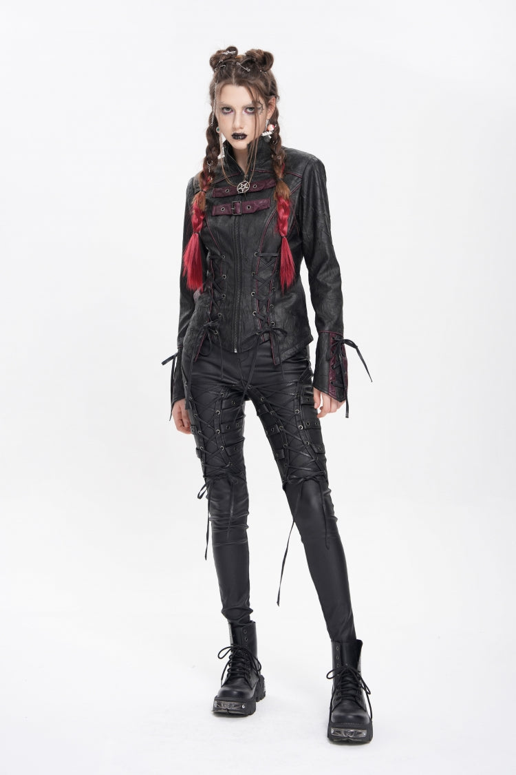 Black Pentacle Lace-Up Buckle Women's Punk Jacket - Product - 9