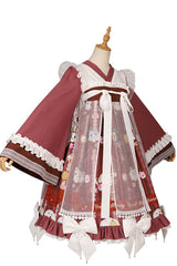 Dark Red Cat Print Chinese Style Bowknot Ruffled High Waisted Long Trumpet Sleeves Sweet Lolita OP Dress - Product - 6