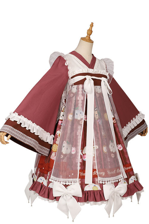 Dark Red Cat Print Chinese Style Bowknot Ruffled High Waisted Long Trumpet Sleeves Sweet Lolita OP Dress - Product - 6