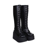 Black Concise Lace Up Sweet Lolita High Boots - Product - 2