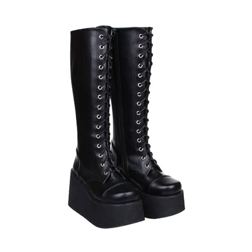 Black Concise Lace Up Sweet Lolita High Boots - Product - 2