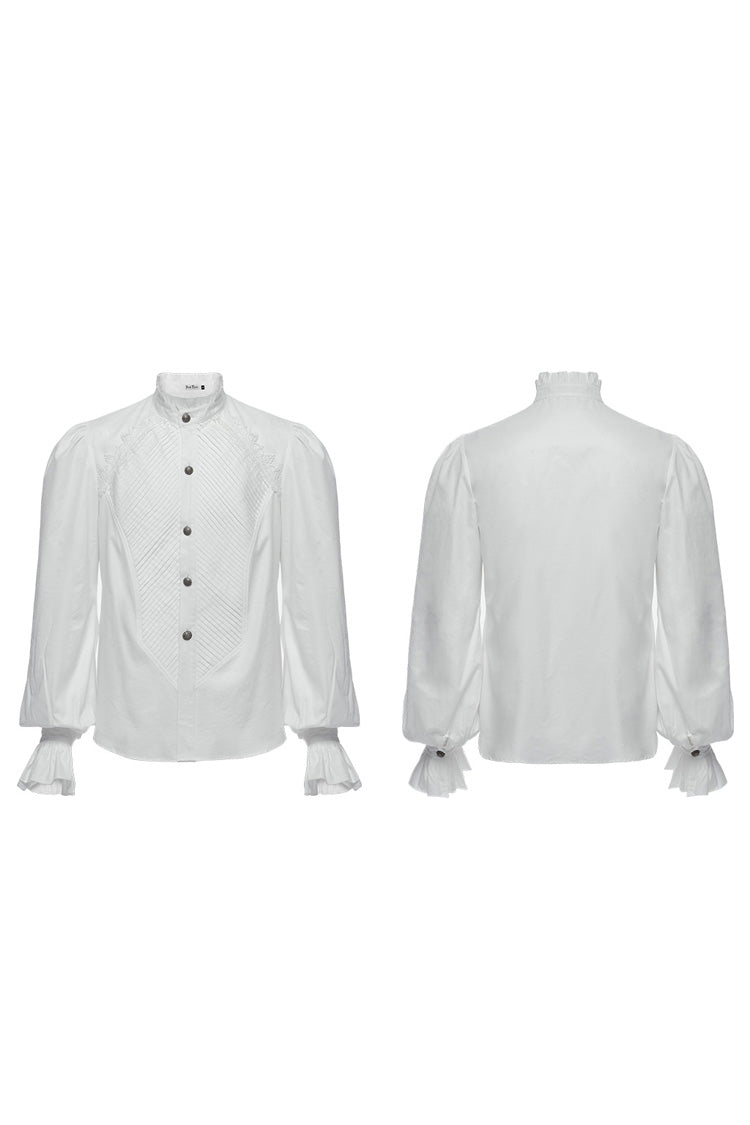 White Stand Collar Long Puff Sleeves Crochet Men's Gothic Blouse - Product - 5