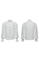 White Stand Collar Long Puff Sleeves Crochet Men's Gothic Blouse - Product - 5