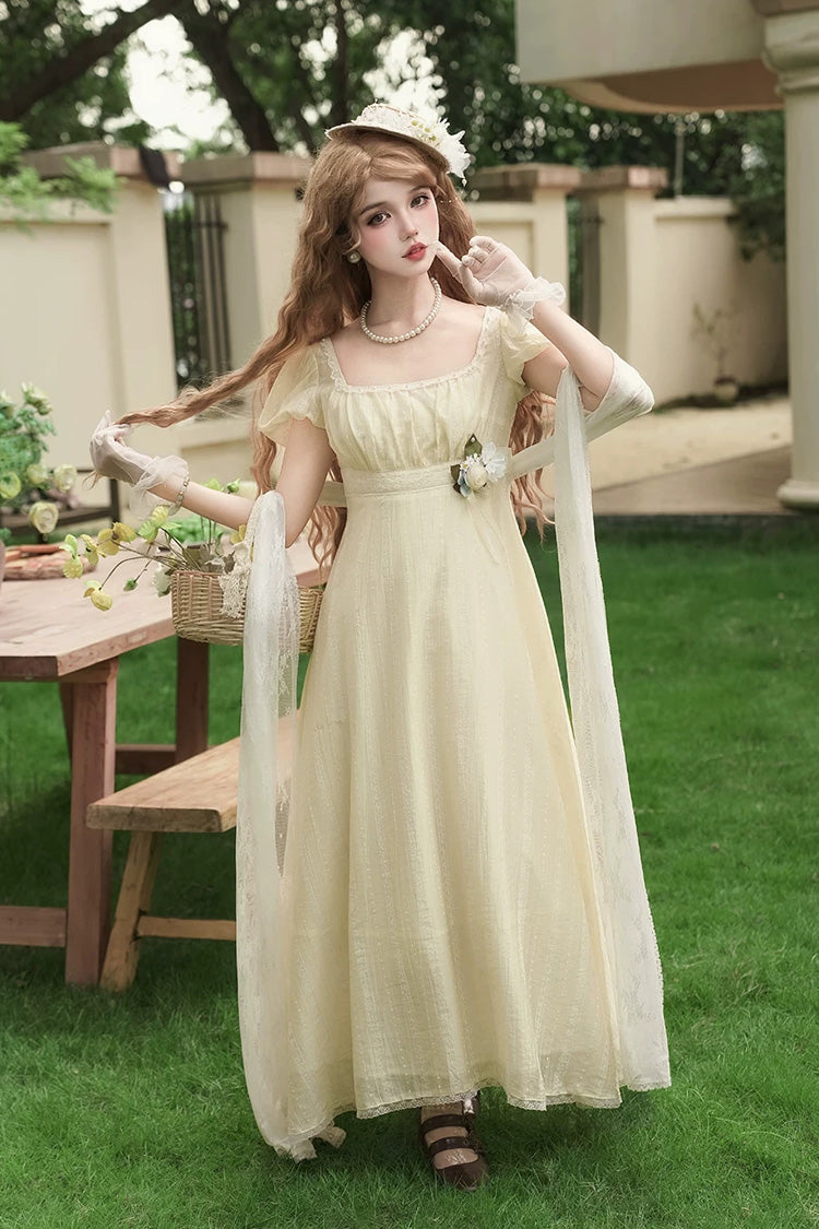 Yellow Square Collar Short Sleeves Jacquard Ruffled Lace Sweet Elegant Lolita Dress - Yellow - 1