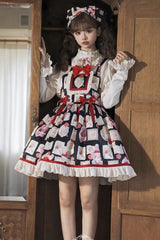 Black [Letter from Showa] Rabbit and letter Print Ruffle Bowknot Sweet Princess Lolita Strap Dress - Product - 6