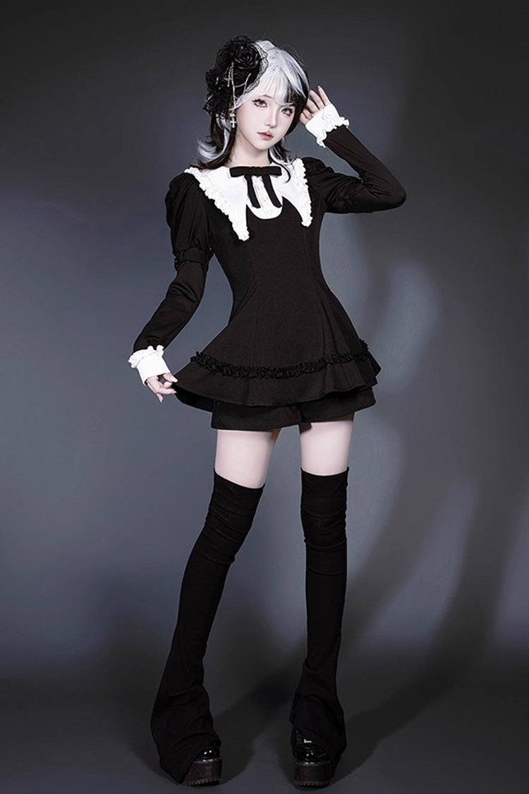 Black/White Long Sleeves Ruffle Bowknot Jirai Kei Japanese Witch Set - Product - 2