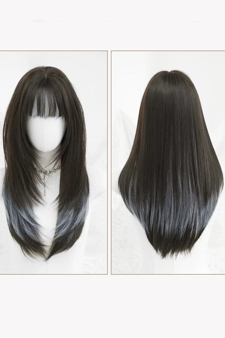 Multi-Color Clear Water Blue Highlights Full Bangs Long Straight Lolita Wig - Product - 5