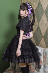 Stand Collar One Button Bubble Short Sleeve Lace Hem Sweet Lolita Dress - Product - 8