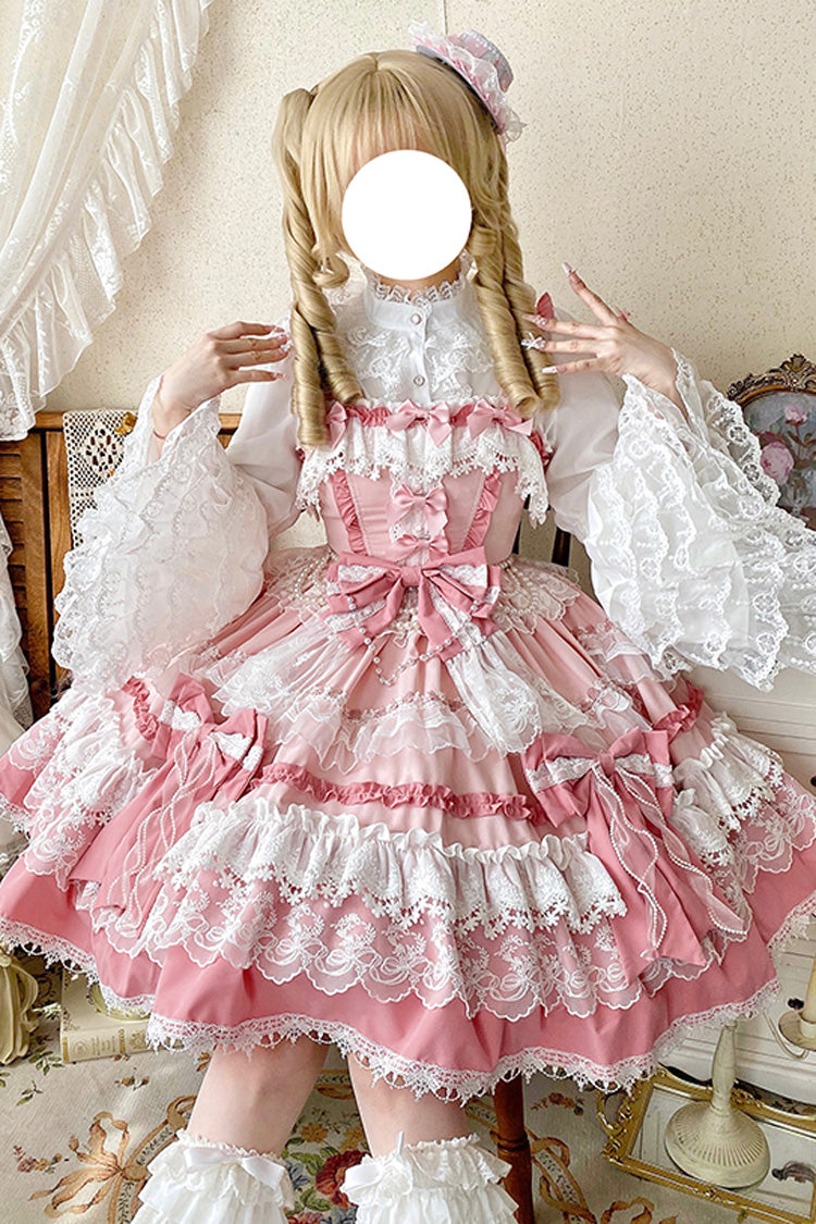 Pink Sleeveless Multi-Layered Ruffle Bowknot Lace Sweet Gorgeous Lolita Doll Jsk Dress - Product - 3