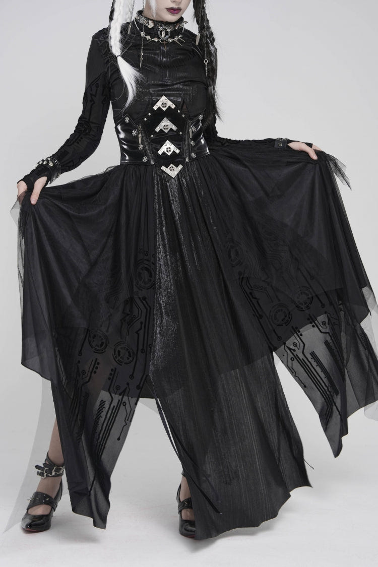 Black Multi-Layered Lace-Up Slim Irregular Asymmetric Eyelet Women's Gothic Long  Skirt - Product - 13