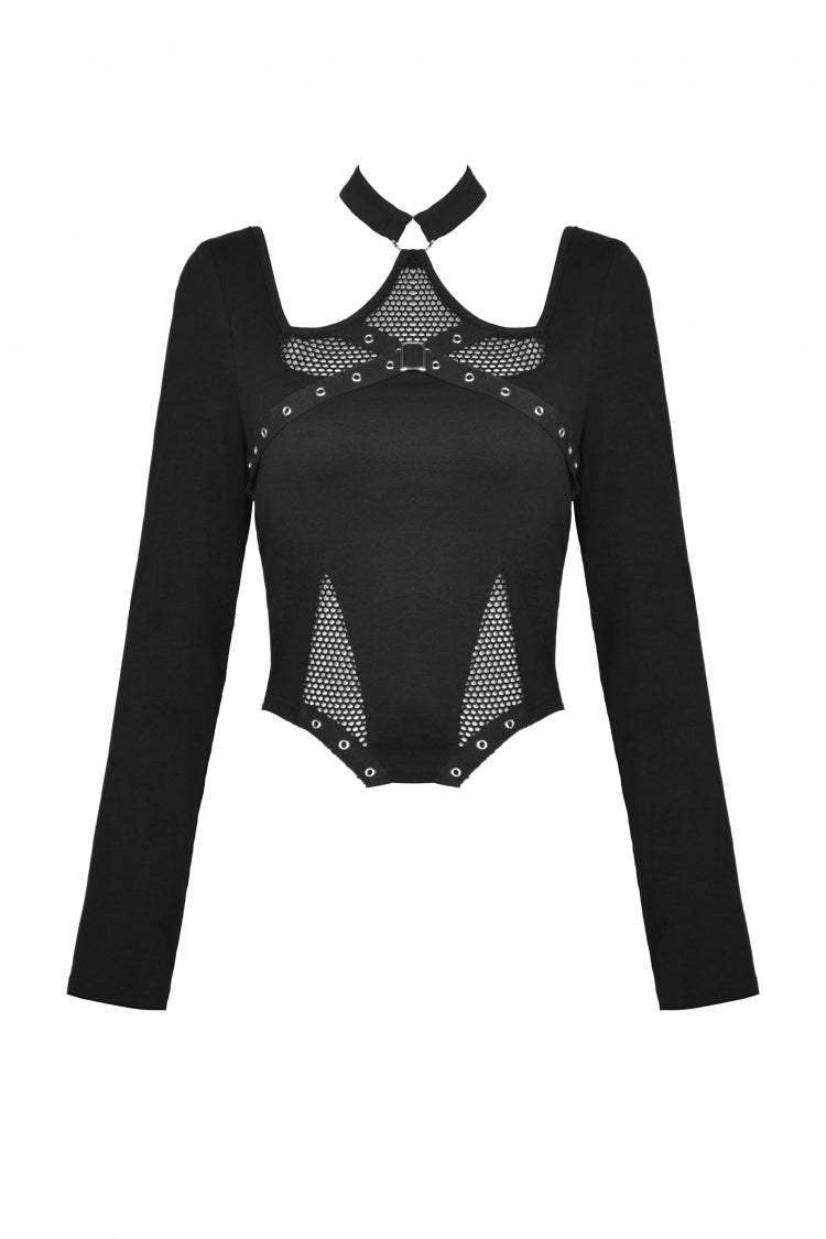 Black Halterneck Long Sleeves Eyelet Mesh Splice Women's Punk Crop Top - Product - 3