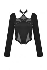 Black Halterneck Long Sleeves Eyelet Mesh Splice Women's Punk Crop Top - Product - 3