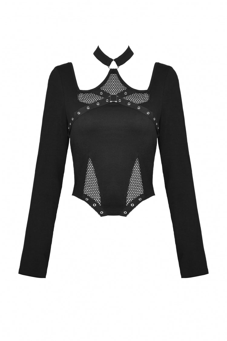 Black Halterneck Long Sleeves Eyelet Mesh Splice Women's Punk Crop Top - Product - 3