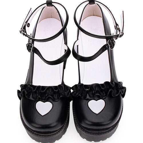 Round Toe Hollow Out Heart Shape Ruffle School Sweet Lolita Shoes - Product - 8