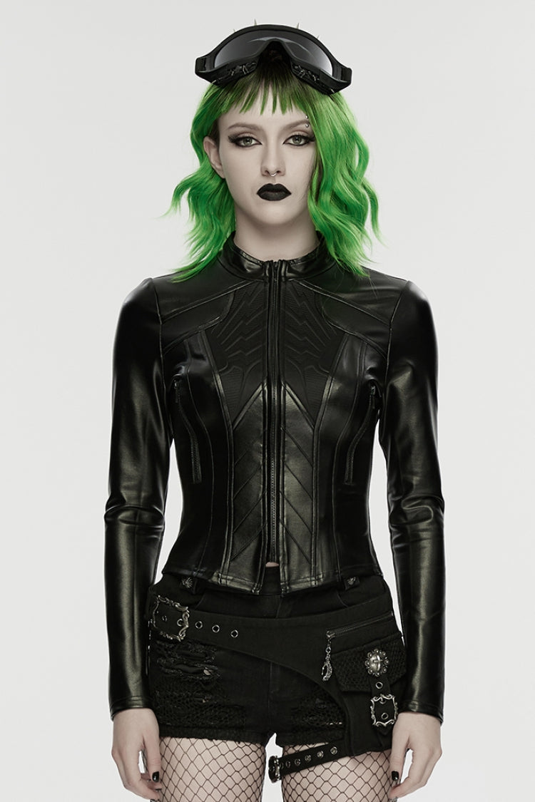 Black Stand Collar Long Sleeves Embossed Slim Women's Punk Jacket - Black - 1