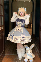 Blue/Ivory [Ride the Wind and Waves] Double-Layered Printed Ruffled Bow Lace Sweet Lolita Jsk Dress Set (Coat Included) - Product - 2