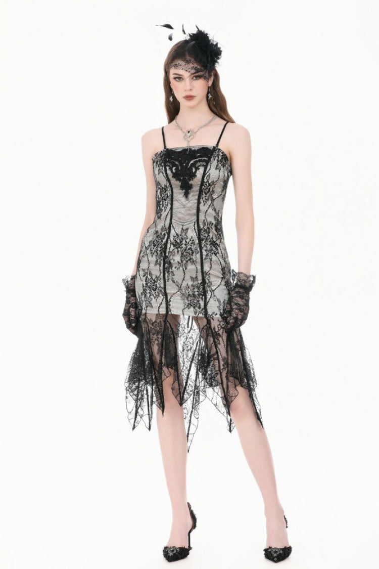 Black/White Lace Floral Embroidered Lace-Up Asymmetric Hem Women's Gothic Slip Dress - Product - 8