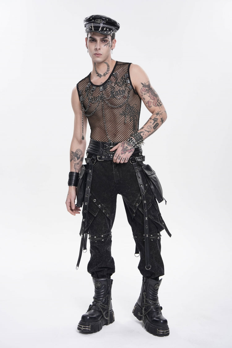 Black Round Collar Sleeveless Slim Sheer Mesh Studded Eyelet Men's Punk Handsome Vest - Product - 11