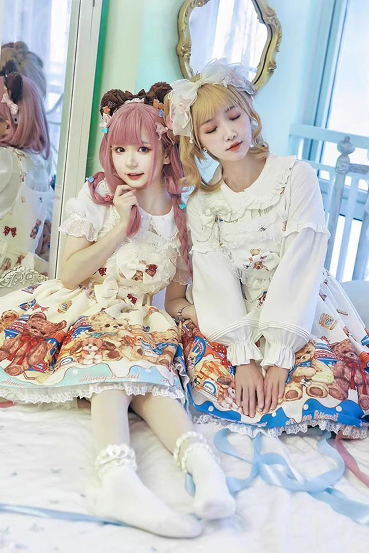 Honey Bear Cafe Print Bowknot Lace Sweet Lolita Jsk Dress 2 Colors - Product - 4