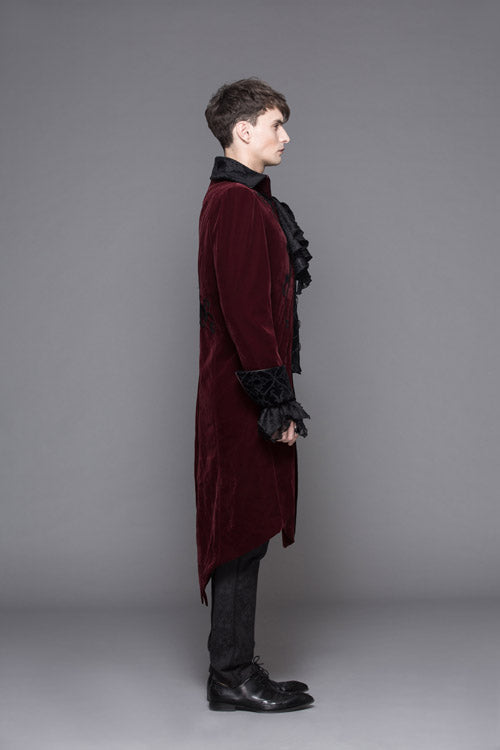 Red Party Fake Two Pieces Velvet Mens Gothic Long Coat - Product - 5