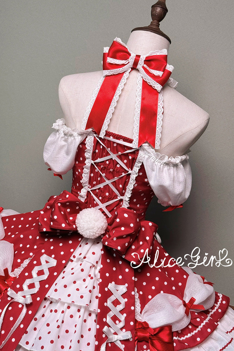 Wine Red Halterneck Short Sleeves Triple-Layered Polka Dot Printed Bow Lace-Up Sweet Lolita Dress - Product - 12