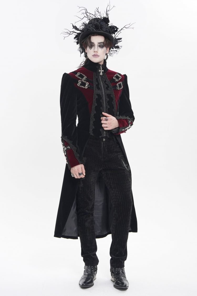 Black Stand Collar Long Sleeves Embroidered Color-Blocked Buckled Zippered Men's Gothic Palace Jacket - Product - 5