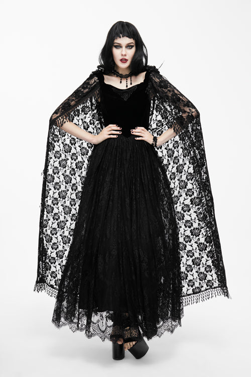 Black Feather And Flowers Off Collar Sexy Long Velvet Womens Gothic Dress With Lace Shawl - Product - 3
