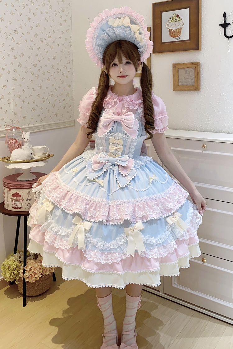 Blue/Pink [Fondant Cake] Sleeveless Multi-Layered Ruffle Bowknot Lace Sweet Lolita Jsk Dress - Product - 2