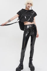 Black Short Front Long Back Stitched Shiny Leather Inverted Pentagram Shape Hoodie Short Sleeve Women's Punk T-Shirt - Product - 5