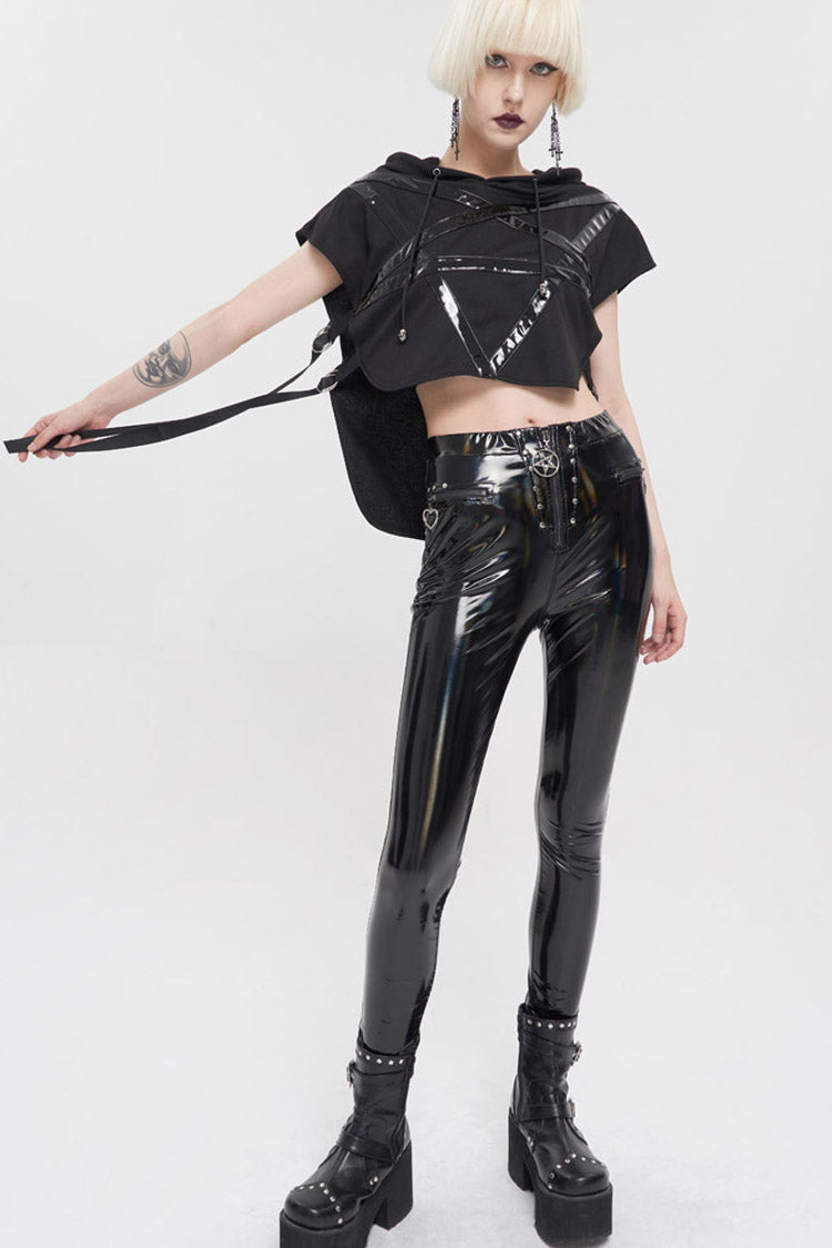 Black Short Front Long Back Stitched Shiny Leather Inverted Pentagram Shape Hoodie Short Sleeve Women's Punk T-Shirt - Product - 5