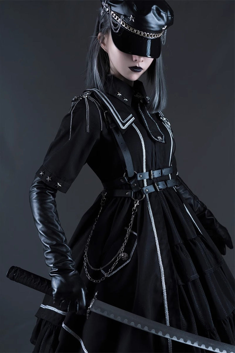 Black [Sunset Universe] Short Sleeves Cardigan Lace Gothic Military Handsome Lolita Dress Full Set - Product - 3