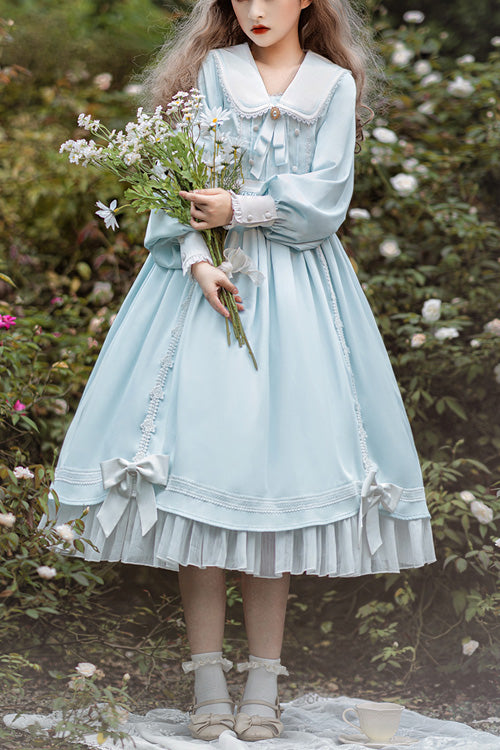 Blue Doll Collar Bowknot Long Sleeves High Waisted Ruffled Sweet Lolita OP Dress - Blue - 1