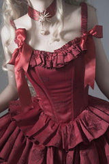Wine Red Sleeveless Multi-layer Ruffle Bowknot Fish Bone Gothic Lolita Jsk Dress - Product - 4