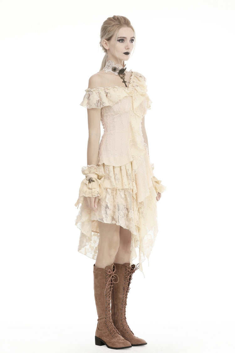 Beige Irregular Multi-Layered Ruffled Lace Women's Steampunk Vintage Dress - Product - 2