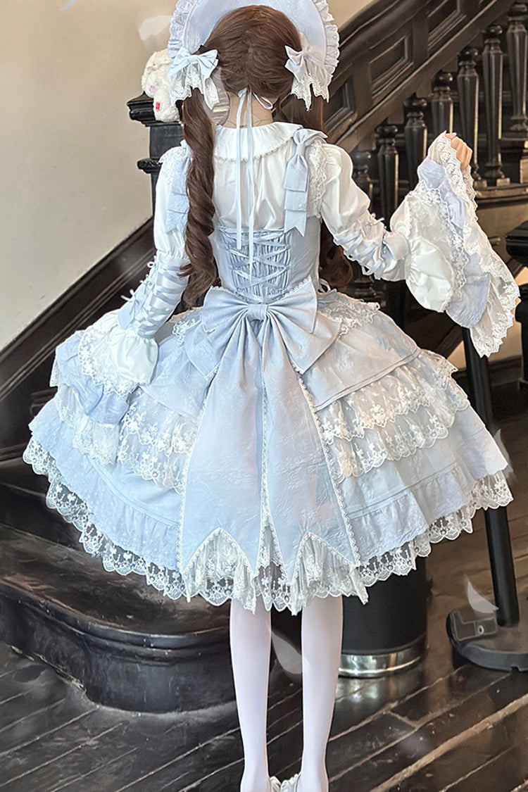 [Sakura Love] Multi-Layered Jacquard Ruffle Embroidery Cardigan Bowknot Lace Sweet Gorgeous Lolita Jsk Dress 3 Colors - Product - 6