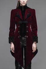 Red Embroidered High Collar Party Womens Gothic Coat - Red - 1