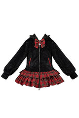 Black/Red [Night Cat] Plaid Print Ruffle Bowknot Hooded Sweet Lolita Skirt Coat - Product - 3