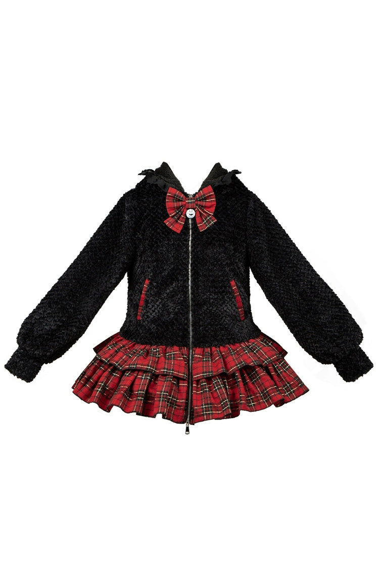 Black/Red [Night Cat] Plaid Print Ruffle Bowknot Hooded Sweet Lolita Skirt Coat - Product - 3