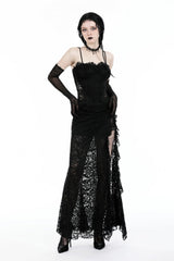 Black Sleeveless Side Slit Ruffled Lace Lace-Up Women's Gothic Maxi Slip Wedding Dress - Black - 1
