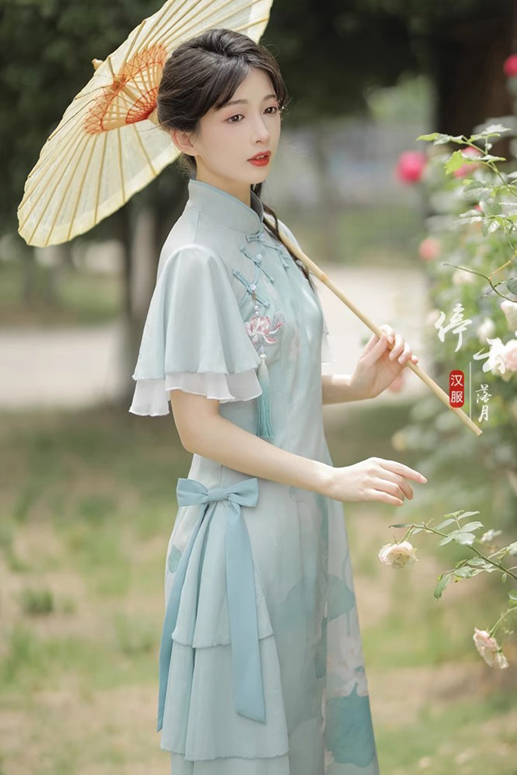 Green Ruffle Short Sleeves Lotus Print Sweet Cheongsam Hanfu Dress - Product - 5