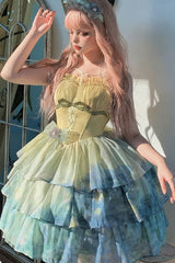 Green Gradient The Forty-Fourth Sunset Oil Painting Triple-Layered Ruffle Bowknot Sweet Lolita Jsk Dress - Green - 1