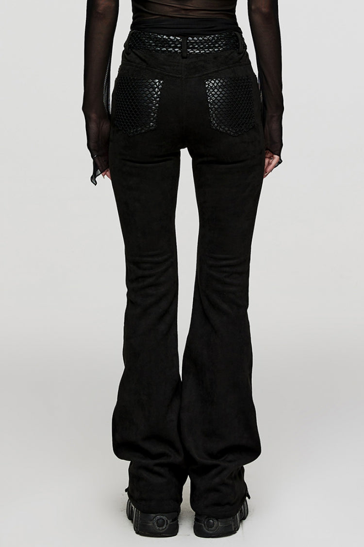 Black Metal Eyelets Faux Leather Stitching Mesh Women's Steampunk Pants - Product - 3