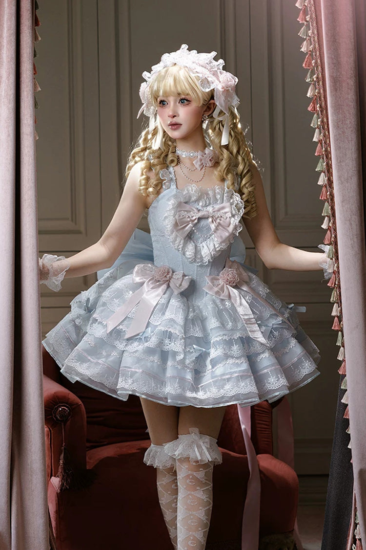 Blue [Crystal Isle] Square Collar Sleeveless Multi-Layered Jacquard Ruffled Bow Sweet Balletcore Lolita Tiered Dress - Product - 2