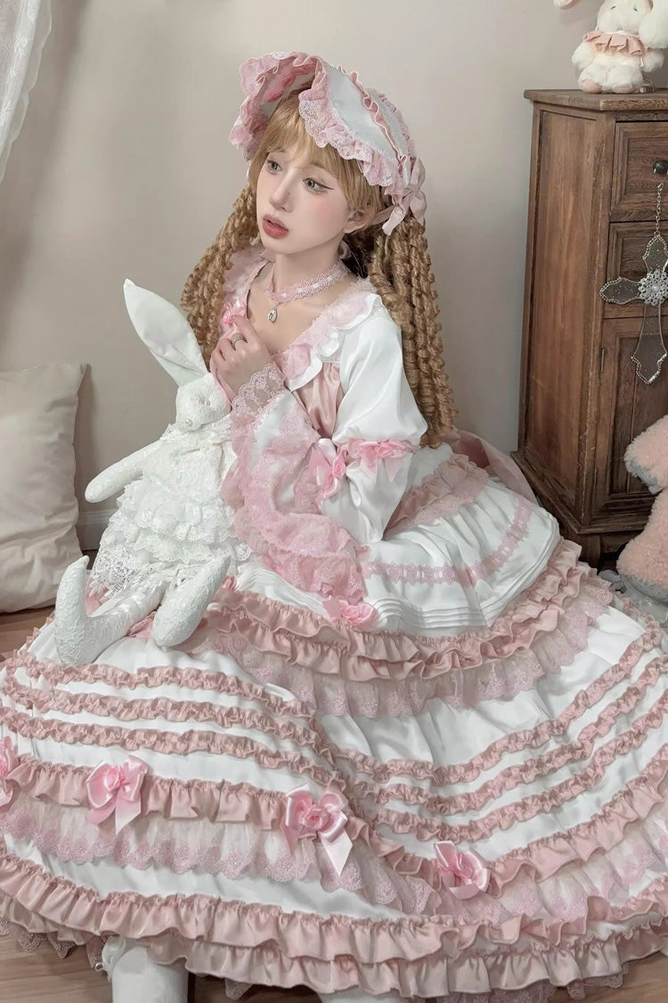 White/Pink [Layered Peach Ice] Short Sleeves Ruffle Bowknot Lace Sweet Lolita Dress - Product - 7