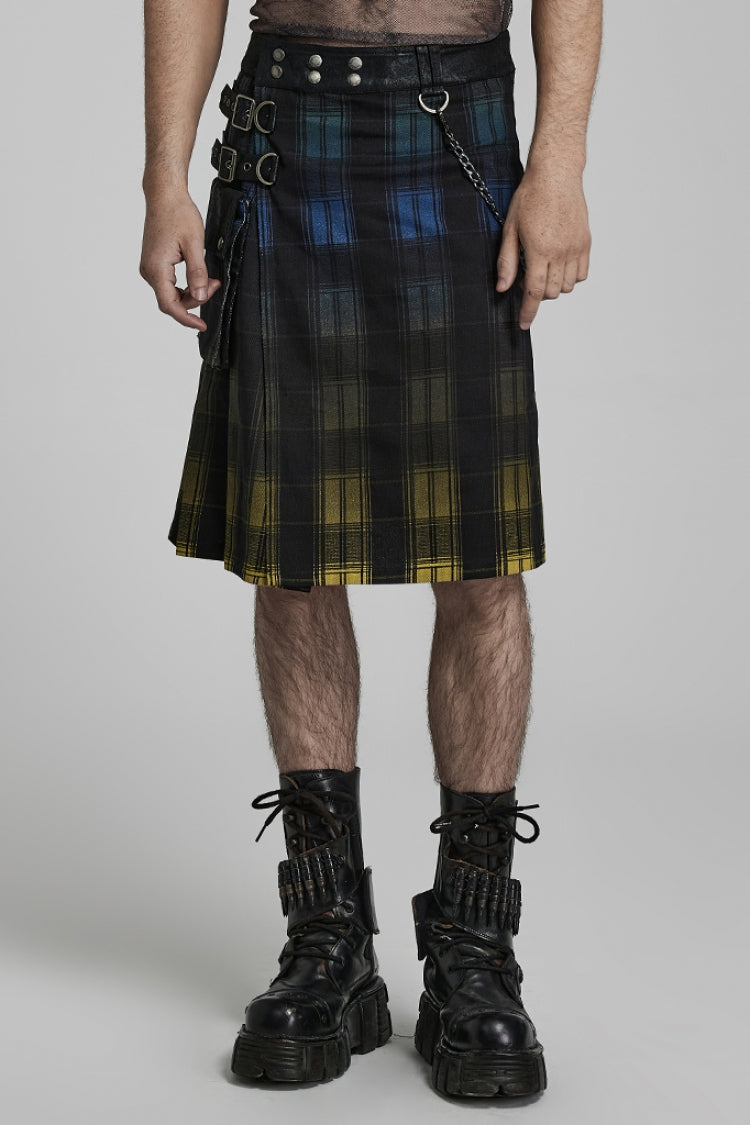 Plaid Print Gradient Stitching Adjustable Waist Men's Steampunk Skirt 2 Colors - Yellow/Blue - 1