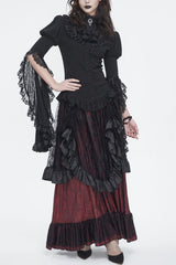 Black Stand Collar Trumpet Sleeves Ruffle Embroidery Lace Women's Gothic Blouse - Black - 1