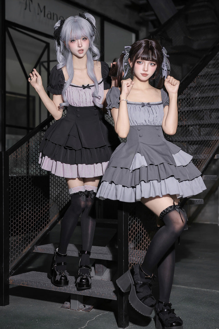 Black Square Collar Off Shoulder Short Sleeves Triple-Layered Bow Vintage Cool Lolita Dress - Product - 6
